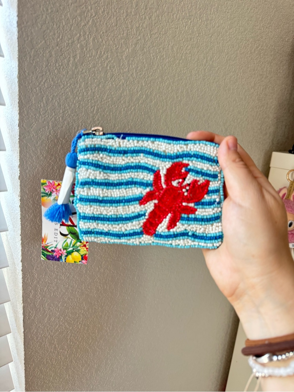 Beaded Crab Coin Purse - Blue & White Stripes